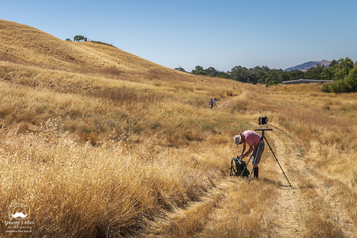 A photographer goes into his pack to get a film cartage to slip into the back of his 8x10 view finder camera. YoloArts - Arts to Farm event Pleasants Valley Farm, Vacaville, CA June 24, 2018.